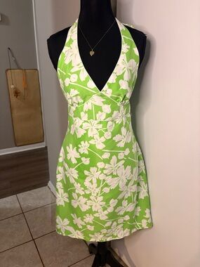 Reversible striped or Floral Halter Sundress in Lime Green and White